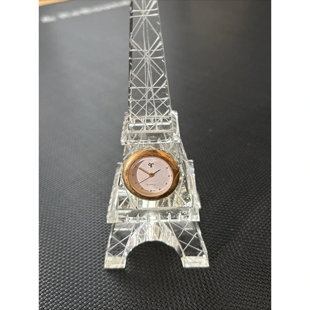 Eiffel Tower Etched Crystal Figurine Desk Clock Quartz Paris Untested Top Broke